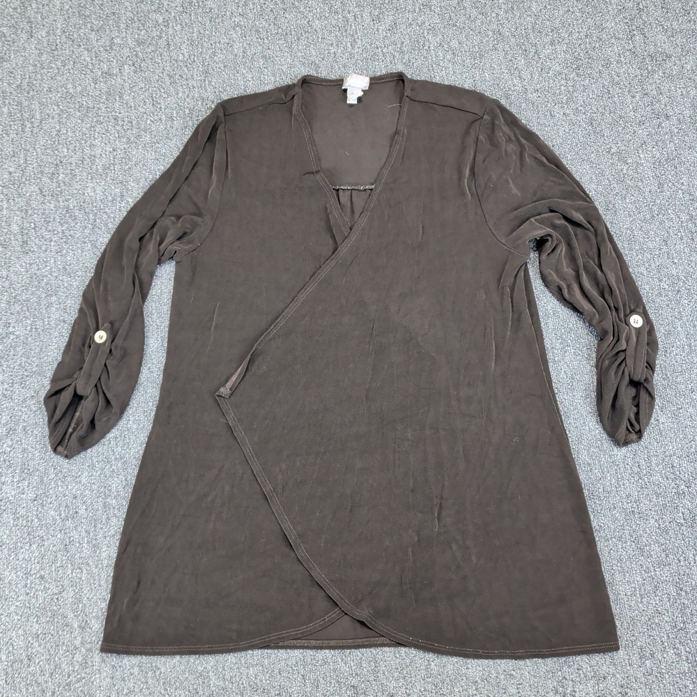 Chicos Travelers Minimalist Faux Wrap Tunic Top Womens 1 M Brown Roll Tab Sleeve — photo 2